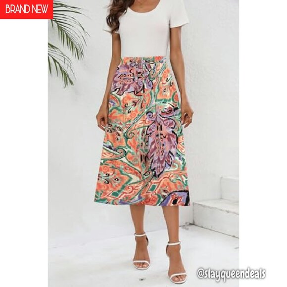 Boho Midi Skirt with Pockets High Waisted A-Line Summer Beach Cover Up - Picture 4 of 7